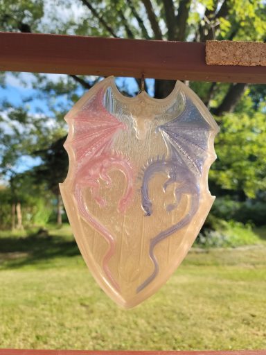 Dragon shield that is blue and red